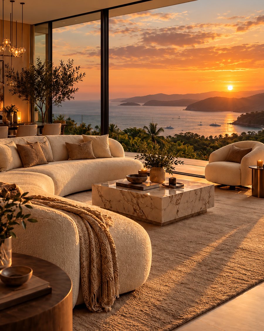 A cream bouclé sofa and marble table in a living room overlooking a bay at sunset