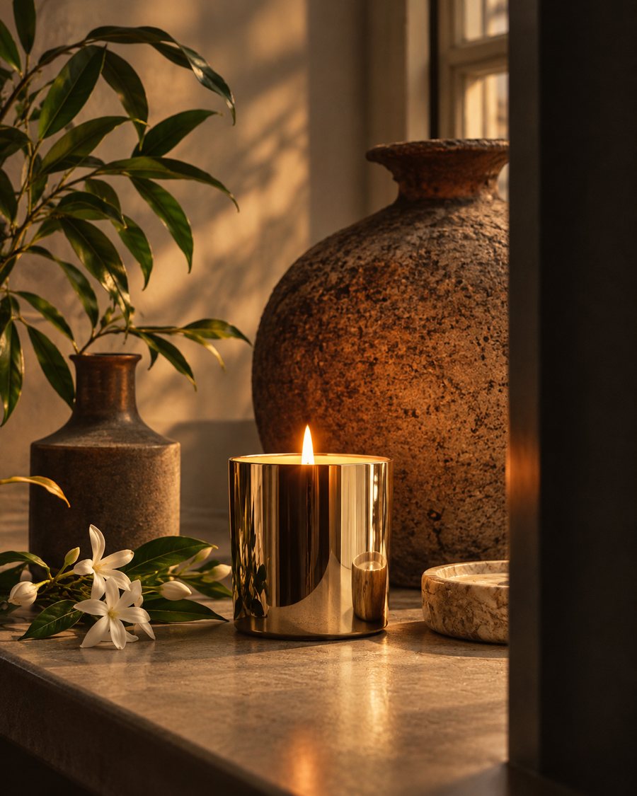 A gold candle glowing beside stone vases and jasmine flowers