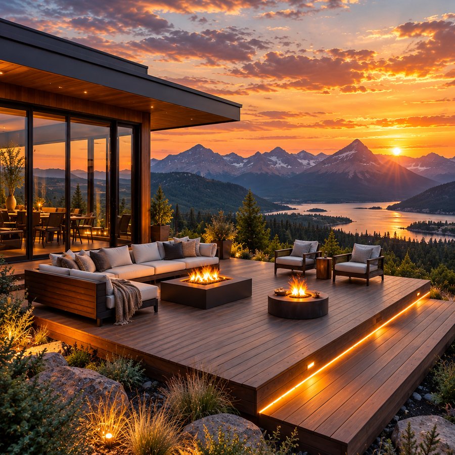 A wooden deck with fire pits and lounge seating overlooking a mountain lake at sunset